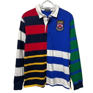 POLO RALPH LAUREN RUGBY CREST LOGO COLOR BLOCK 90s STYLE COLLARED SHIRT STRIPES